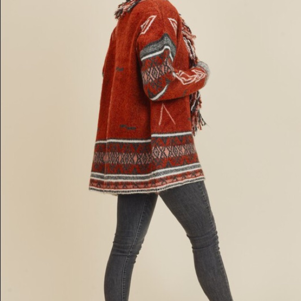 Tribal Print Sweater Cardigan Fringe Aztec Knit RUST - Picture 8 of 9
